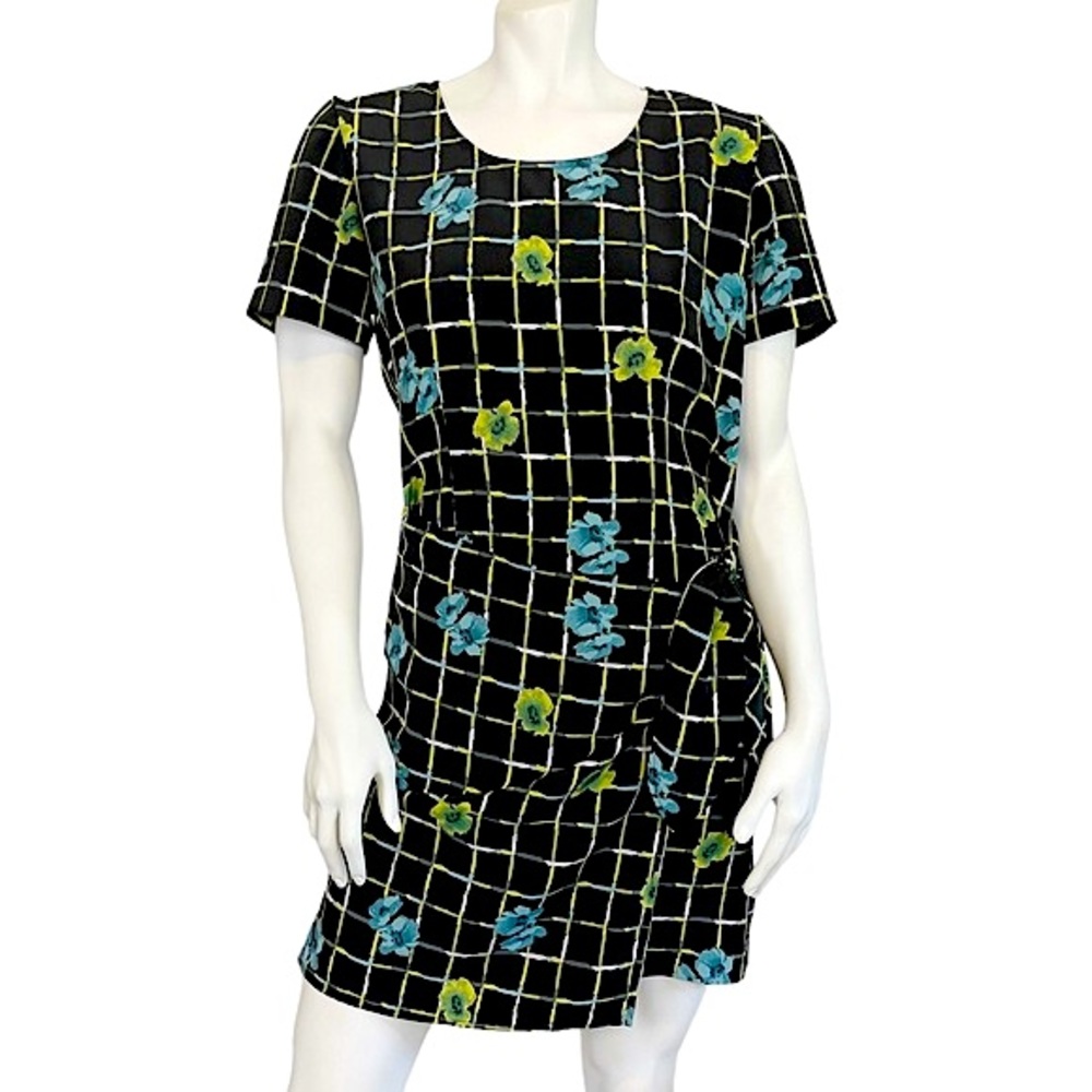 VINTAGE 90s Y2K Black Grid Floral Print Faux Wrap Short Sleeve Mini Dress